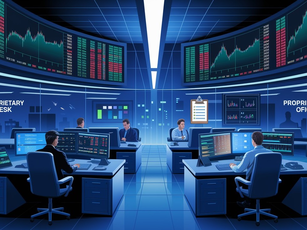 an office with trading desks - What is a Funded Trader