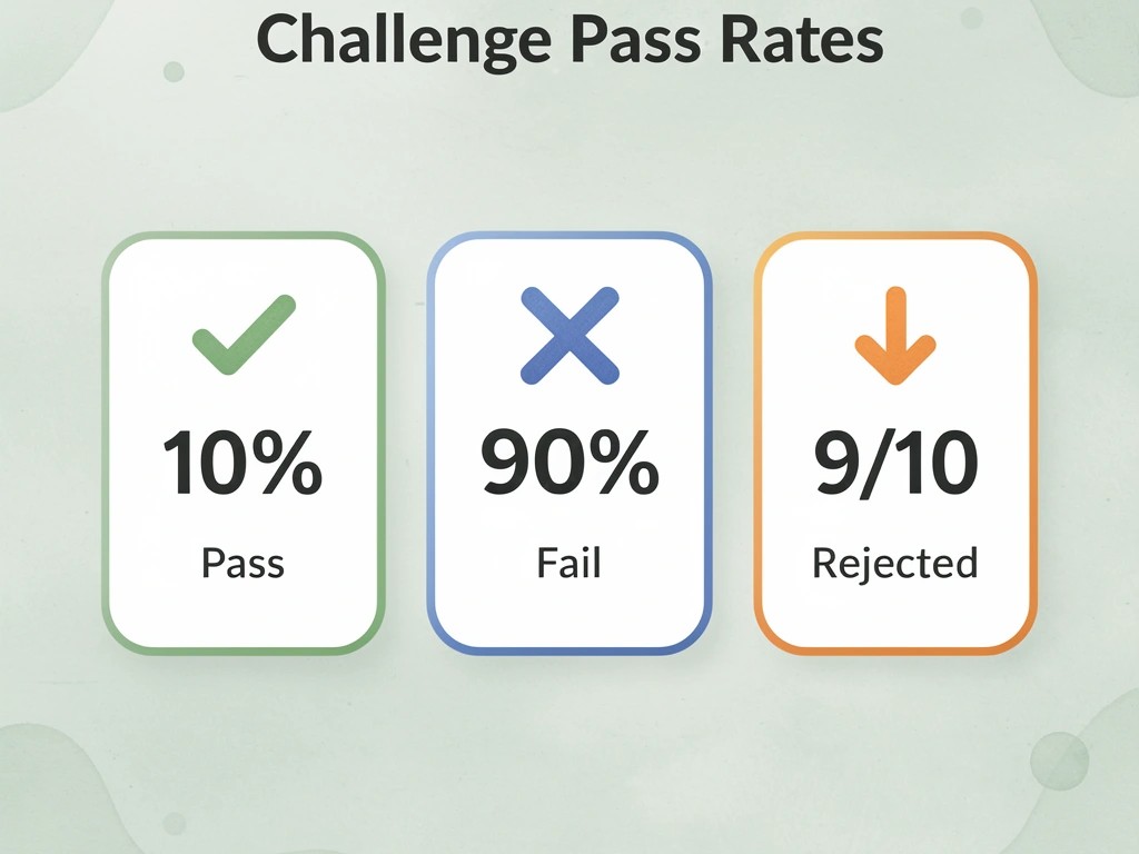 Statistics showing prop firm challenge pass rates with 10% pass rate and 90% failure rate