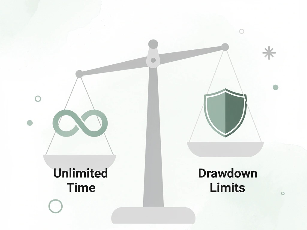 Balance scale comparing unlimited time against drawdown limits